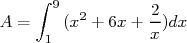     ∫
      9  2       2-
A =  1 (x + 6x + x)dx  